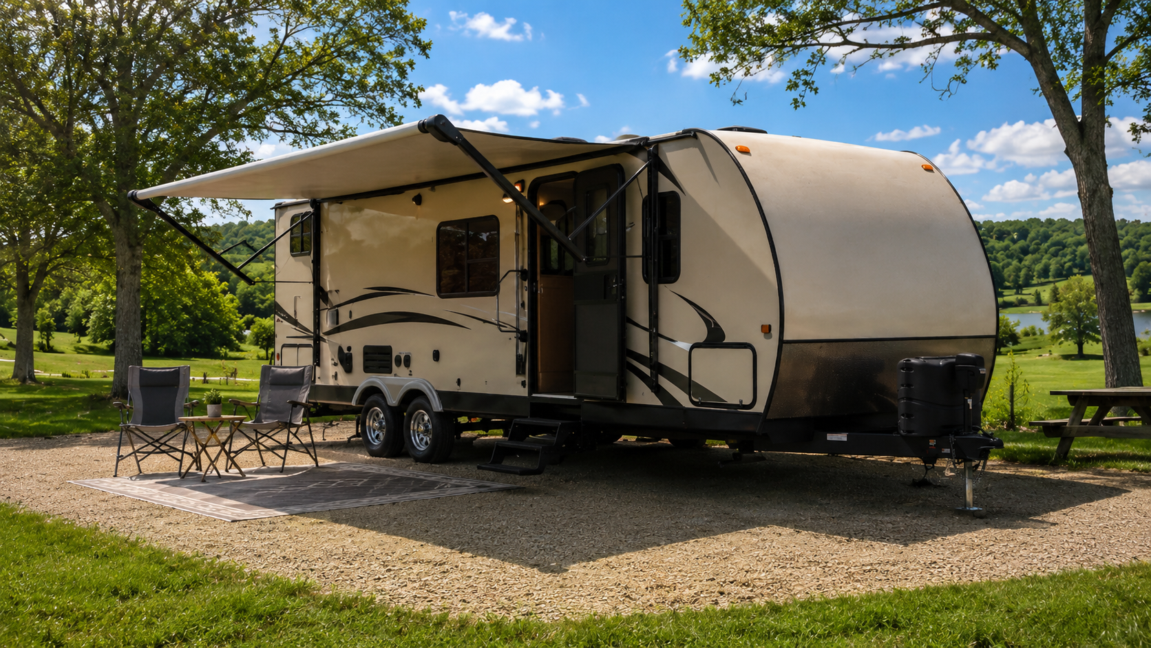 YoderLodging camper set up at a campsite near Millersburg, Ohio